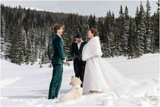 bride and groom on snowy alter in the backcountry during winter