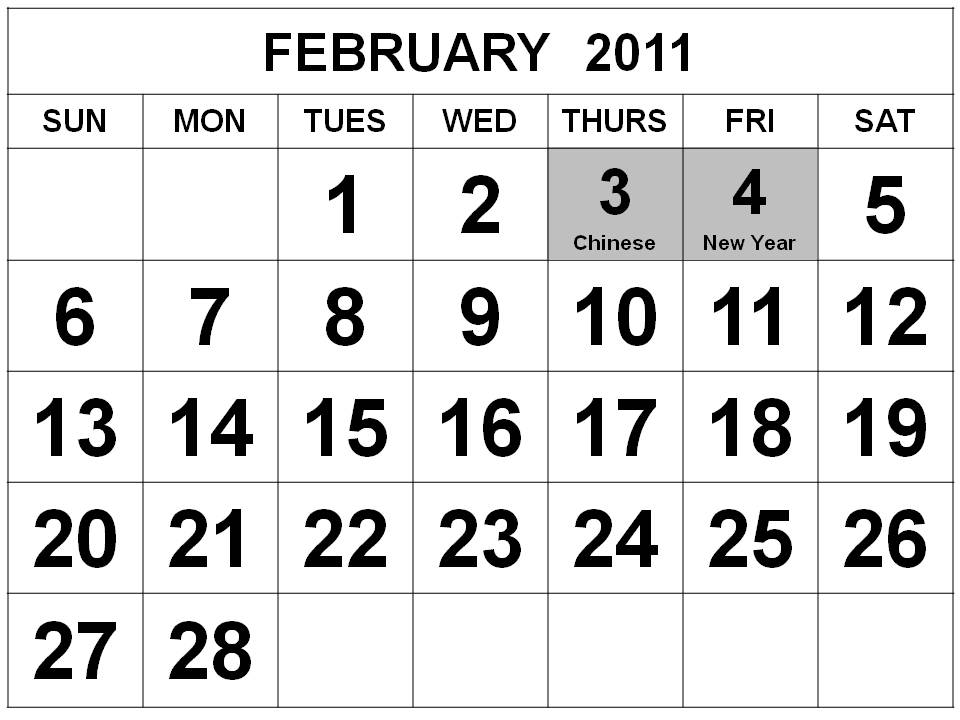 Big Singapore 2011 February Calendar with Holidays (PH)