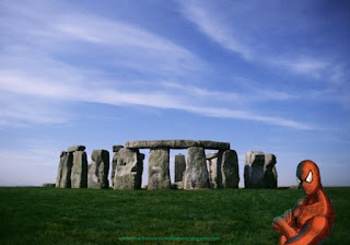 Spiderman  Super Heroe Desktop Wallpapers Upper Body in Classic Stonehenge Stone Monument background