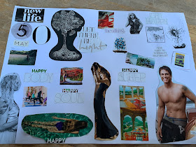 vision board of cut out images on a white background.