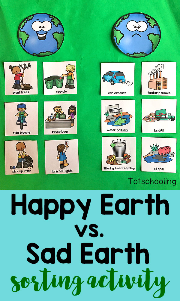 This FREE Earth Day sorting activity goes beyond just recycling, teaching kids about how to take care of our planet through conservation, cleaning, reusing and planting. It also introduces children to air, water and land pollution.