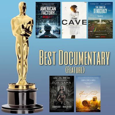 American Factory, Honeyland, For Sama, The Cave, and The Edge of Democracy Oscars movie posters