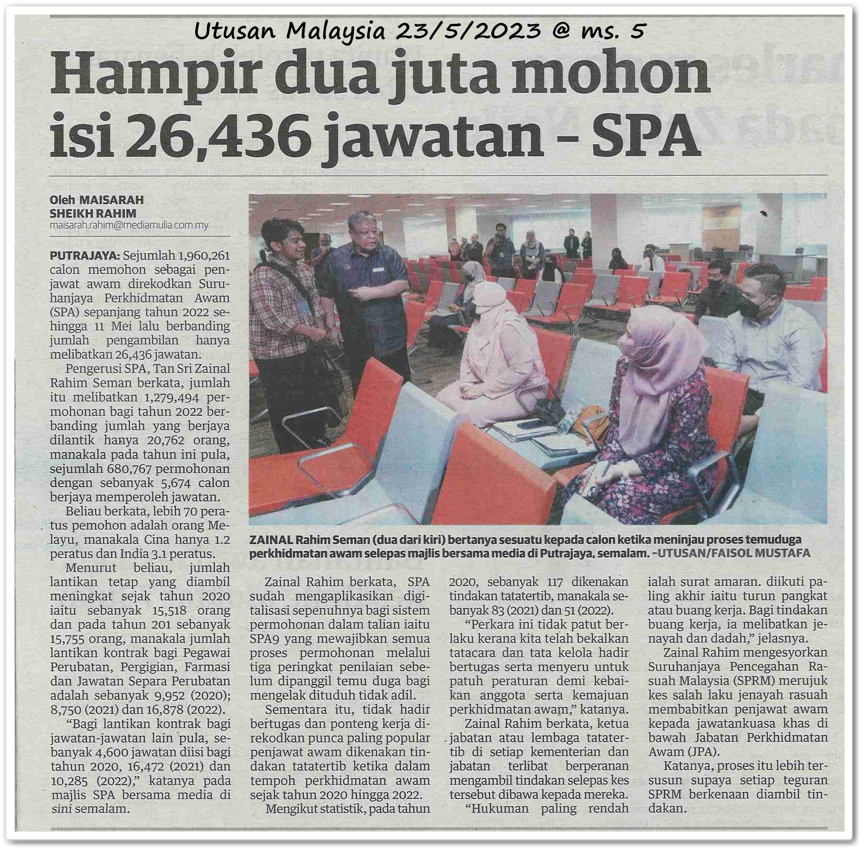Hampir dua juta mohon isi 26,436 jawatan ;SPA - Keratan akhbar Utusan Malaysia 23 Mei 2023