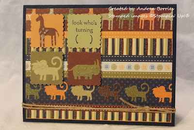 Safari-themed kids card with animal patterned paper. The focal point is four punched squares, three with an animal and one that says "look who's turning ( )" (fill in the age).