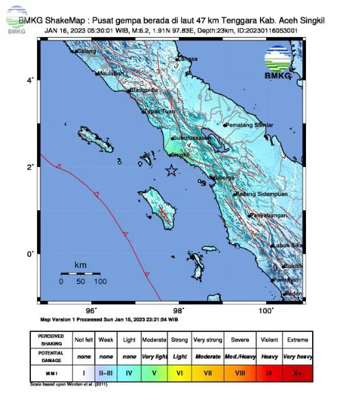 BMKG: Gempabumi Tektonik  M6,2 di Laut Aceh Singkil Tidak Berpotensi Tsunami