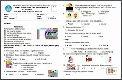 Soal PAS Kelas 1 Tema 1 2 3 4 Semester 1 K13 Tahun 2019/2020