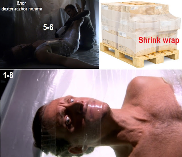 Декстер 5-6 shrink wrap пациента и производственный shrink wrap и 1-8 психолог Эммет Меридиан на столе в пленке - коллаж