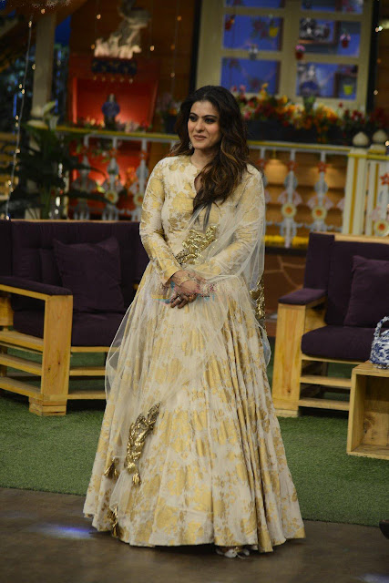 Kajol in White and Gold Foral Anarkali by Bhumika Sharma