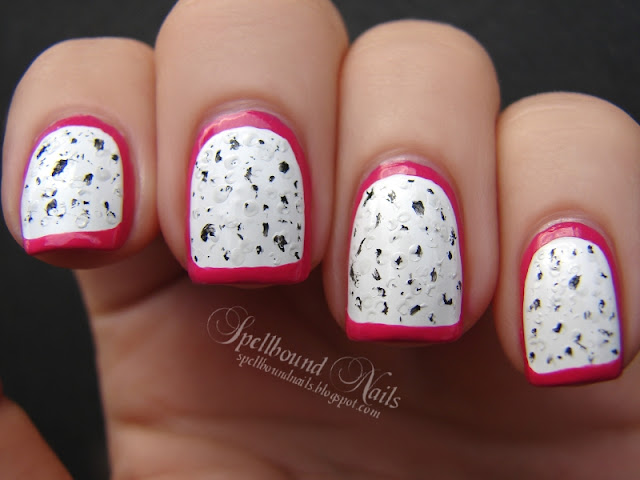 nails nailart nail art mani manicure Spellbound ABC Challenge D Dragon Fruit cactus cacti border pink white black spotted speckled dots dotted
