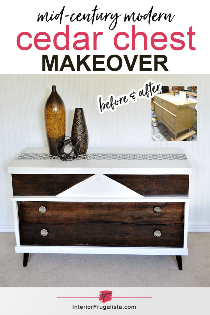 A geometric paint and stain combo completely transformed this unique blonde wood mid-century modern cedar chest makeover with natural hemp oil topcoat finish. #cedarchestmakeover #cedarchestredobeforeandafter #cedarchestideas #midcenturymodernfurniture