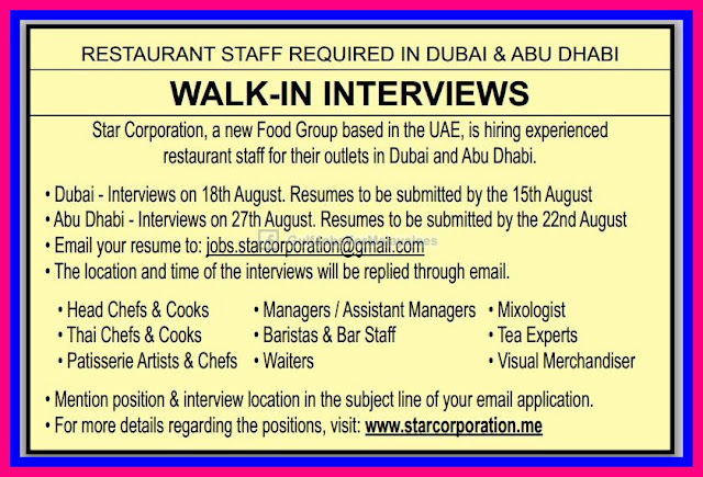 Vacancies For Dubai & Abudhabi, Star Corporation