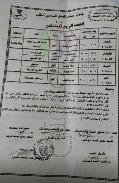 جدول امتحانات الصف الرابع الابتدائي الترم الثاني 2018 محافظة الشرقية