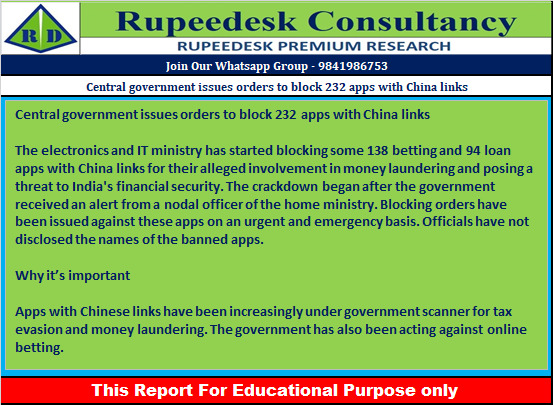 Central government issues orders to block 232 apps with China links - Rupeedesk Reports - 06.02.2023