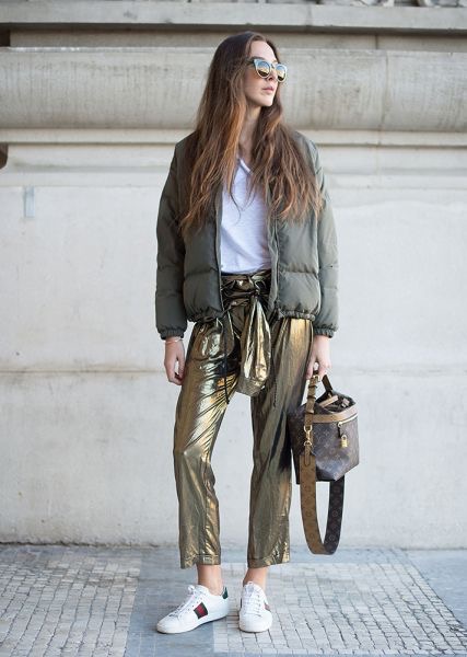 Gold metallic pants bomber jacket