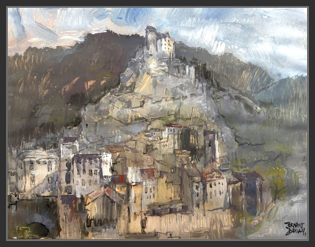 ENTREVAUX-PROVENCE-PINTURA-PEINTURE-ART-PANORAMICA-CIUDADELA-PUEBLOS-MEDIEVALES-FRANCIA-PINTOR-ERNEST DESCALS