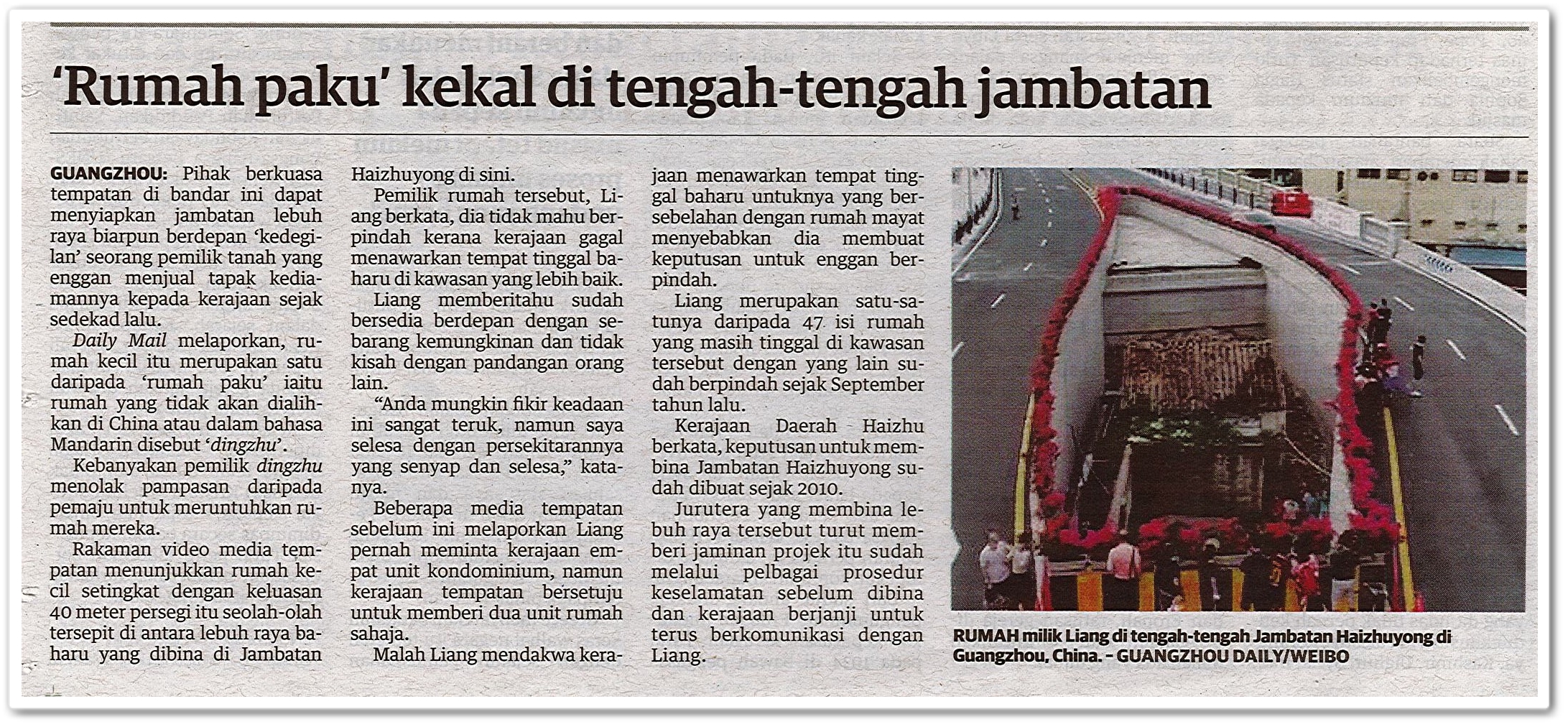 'Rumah paku' kekal di tengah-tengah jambatan - Keratan akhbar Utusan Malaysia 8 Ogos 2020