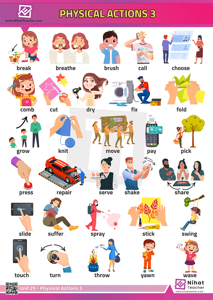 An impressive poster about physical actions in English.   A downloadable, print-friendly, PDF poster about verbs in English.  Exercises about regular and irregular verbs in English.  Fun, Print-friendly PDF picture dictionary about regular and irregular verbs in English.