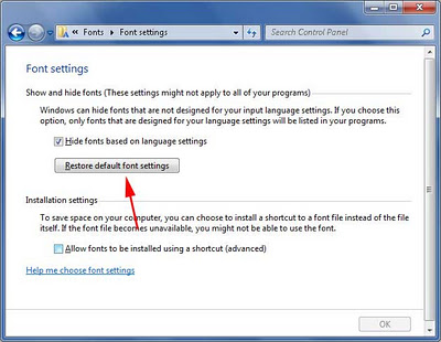 mengembalikan default font di windows7
