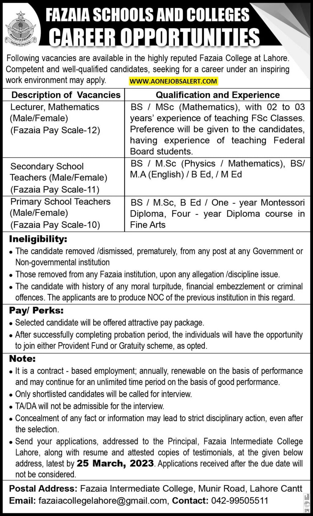 On this page, Aone Jobs Alert provides information on recruitment in the Fazaia Intermediate College Lahore Jobs 2023. For more jobs visit AoneJobsAlert.com