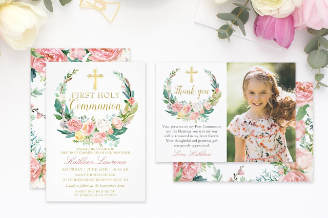  Pink Floral Greenery Wreath First Holy Communion Invitation