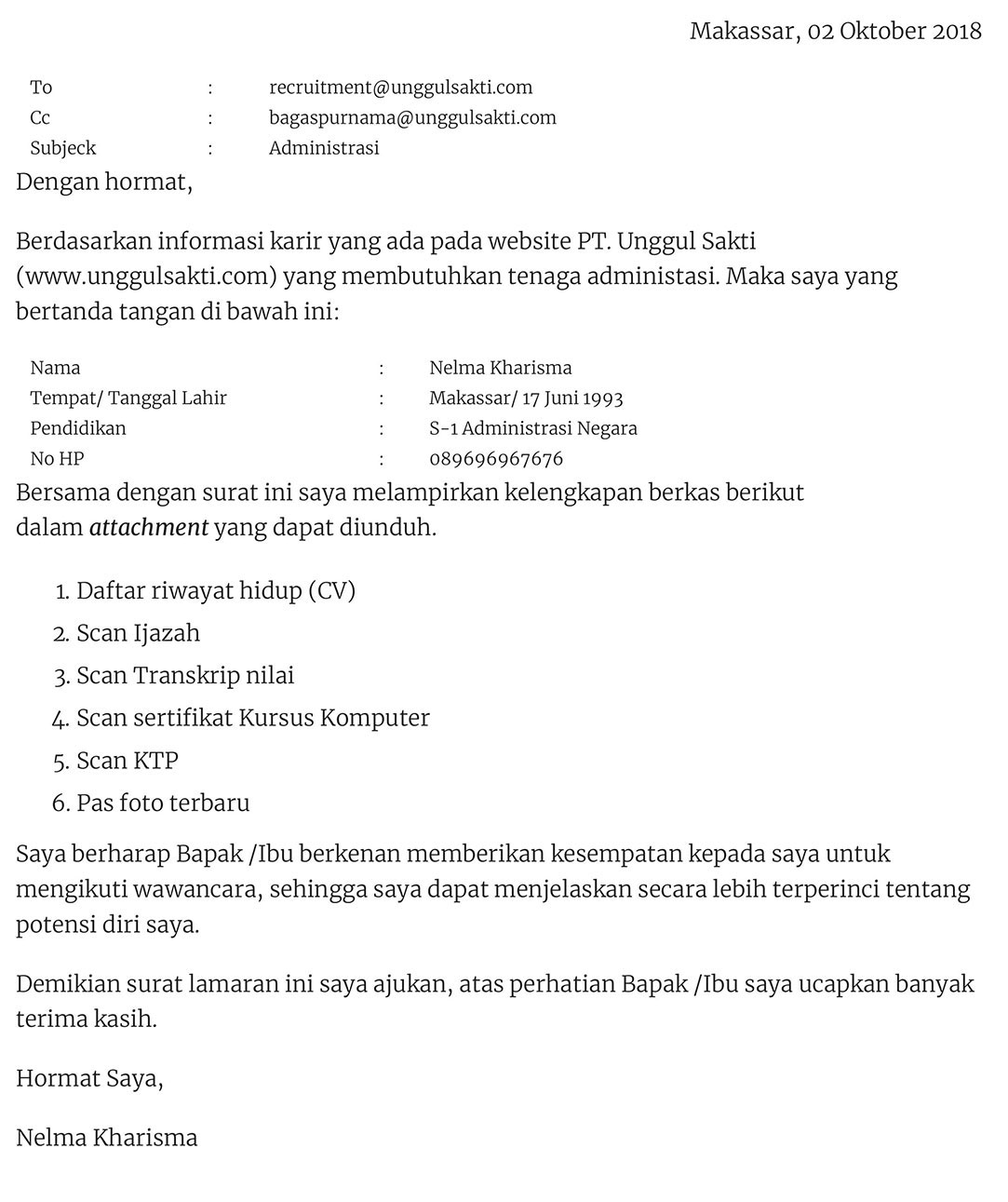 Contoh Surat Lamaran Pekerjaan Lewat Email - suratlamaran.com