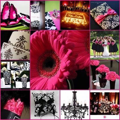 fuschia black and white with damask pattern