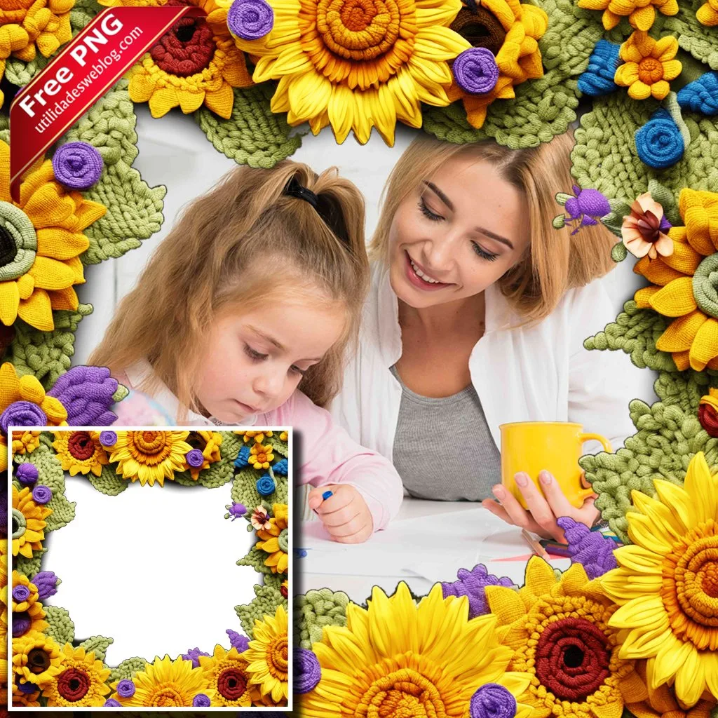 marco para fotos con flores de girasoles bordadas o de crochet en png con fondo transparente para descargar gratis