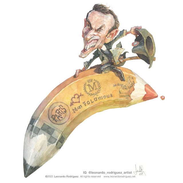 Watercolor caricature of Emmanuel Macron riding a sort of Rocket as a frech cowboy waving a Napoleon hat.  It's a gag of Dr Strangelove