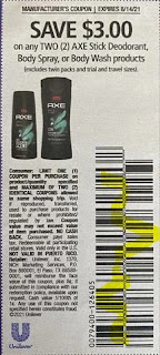 USE "ONE" $3.00/2 AXE Body Wash or Deodorant Coupon from "USS" insert week of 8/1/21.