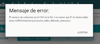 El numero de columnas en el CSV en la fila 1 es menor que 5. Al menos debe tener CUPS,Fecha,Hora,Consumo_kWh y Metodo_obtencion