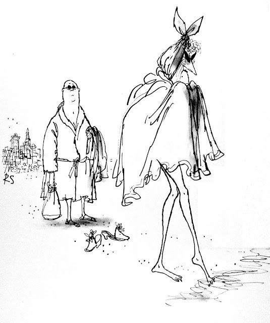 a Ronald Searle drawing of a senior couple at the beach in Miami