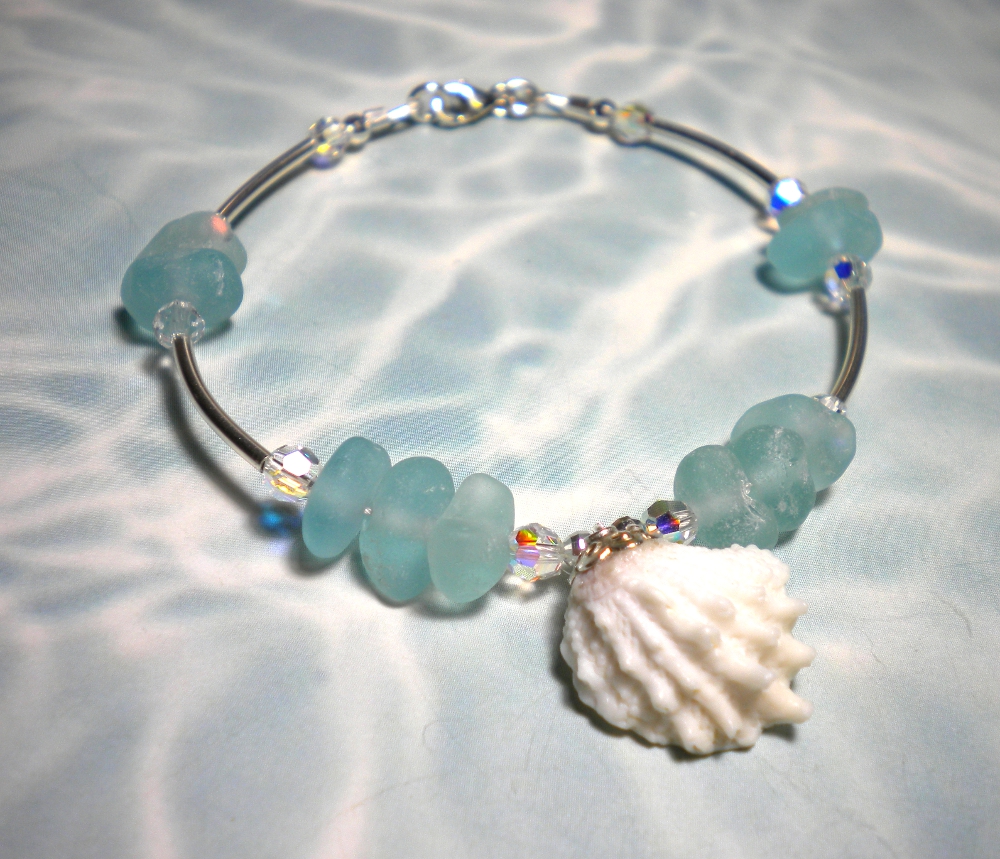 ... jewel box shell, with aqua seaglass, crystals, and sterling silver