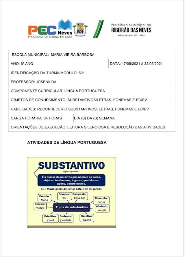 LÍNGUA PORTUGUESA - ATIVIDADE ( 17/05/2021 à 22/05/2021 ) 6º ANO