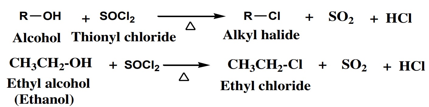 Alcohols react with thionyl chloride to give alkyl halides.