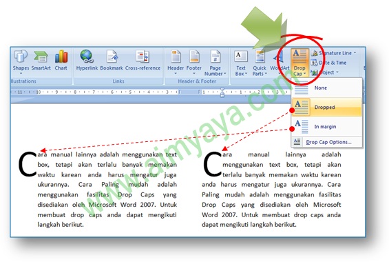 Gambar: Contoh cara pembuatan huruf awal paragraf menjadi lebih besar (drop caps) di ms word