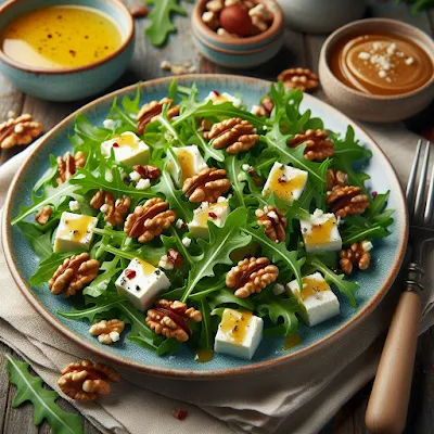 Auf dem Bild ist ein Salatteller mit Rucola-Feta-Salat mit Walnüssen und einem Honig-Senf-Dressing zu sehen.