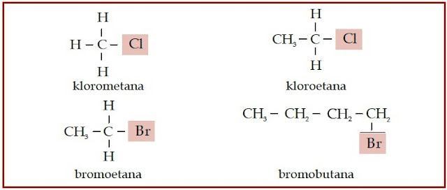Pada senyawa haloalkana, atom halogen menggantikan atom hidrogen.