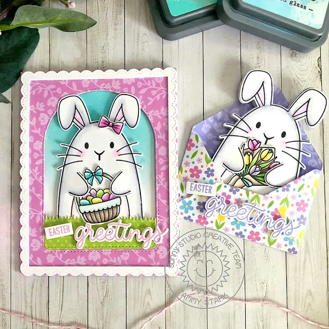Sunny Studio Stamps: Big Bunny Easter Cards by Tammy Stark (featuring Gift Card Envelope Dies, Stitched Arch Dies, Mini Grass Border Dies, Fancy Frame Dies)