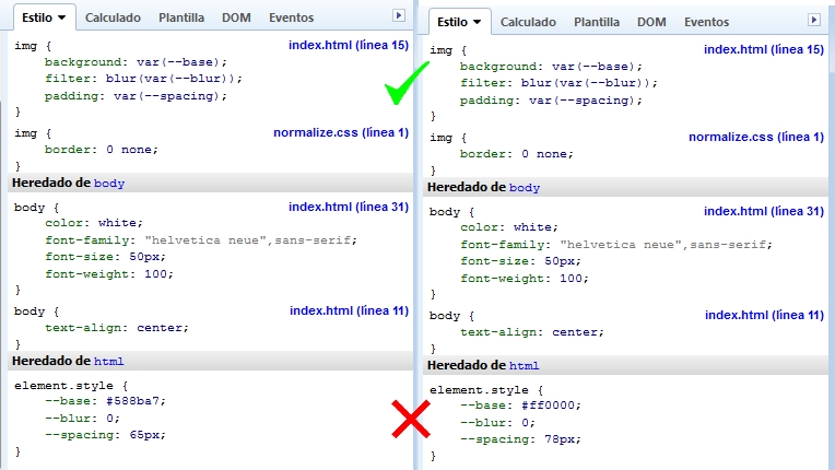 css custom properties en el inspector