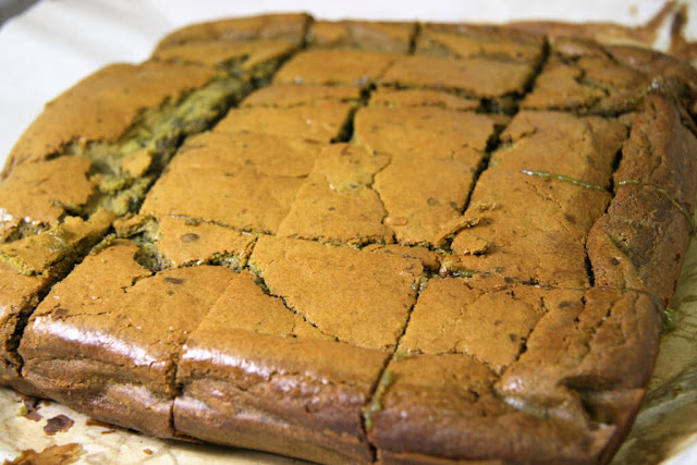 Mochi Matcha cake cut into squares