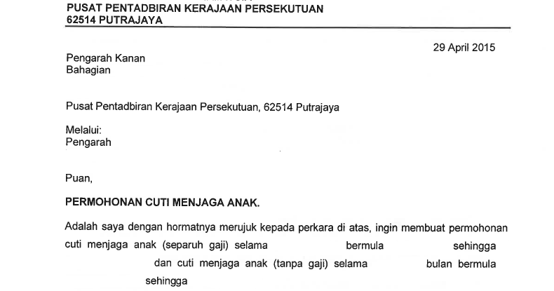 Surat Rasmi Cuti Menjaga Anak - Resepi Book l