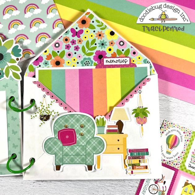 Friends Envelope Scrapbook Album Page with flowers, rainbow stripes, and a house scene