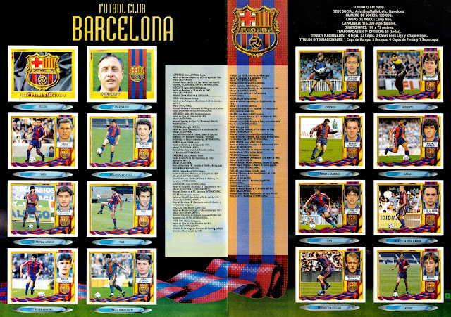 F. C. BARCELONA. Temporada 1995-96. Escudo, Johann Cruyff (entrenador), Julen Lopetegui, Carlos Busquets, Sergi, Popescu, Ferrer, Nadal. Pep Guardiola, Luis Figo, Iván Iglesias, Iván De la Peña. Roger, Gica Hagi, Robert Prosinečki, Meho Kodro.