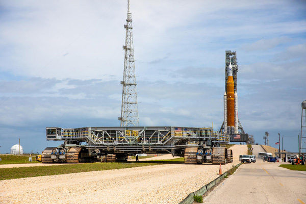 At Kennedy Space Center in Florida, crawler-transporter 2 is ready to transport NASA's Space Launch System rocket from Pad 39B to the Vehicle Assembly Building next week for repairs. SLS will then return to the pad to complete its wet dress rehearsal.