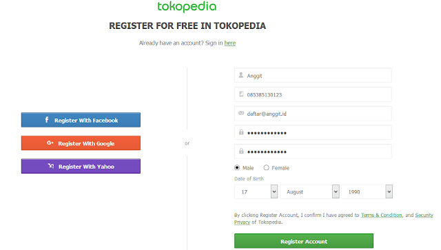 Register di Tokopedia