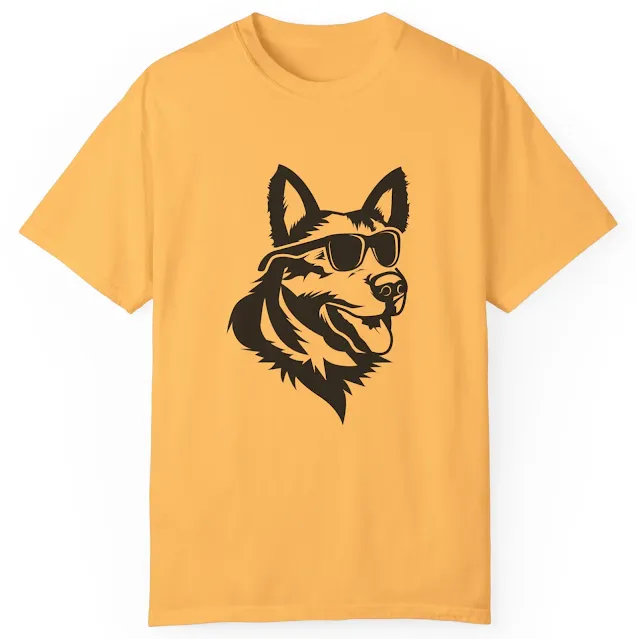 Garment Dyed T-Shirt for Men and Women with Graphic of Close Up Faced German Shepherd Wearing Black Glasses
