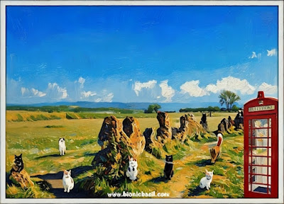 The B Team explores the ancient Rollright standing stones in the Cotswolds, posing among the historic megaliths. A classic red British telephone box stands nearby, adding a charming contrast to the mystical stone circle. The lush green landscape and clear blue sky create a picturesque setting, perfect for pet bloggers, cat lovers, and those fascinated by historic landmarks and feline adventures. Featured on www.bionicbasil.com PUZZLE