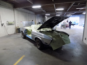 1973 Mustang with door off, interior & engine masked for jambs to be painted.