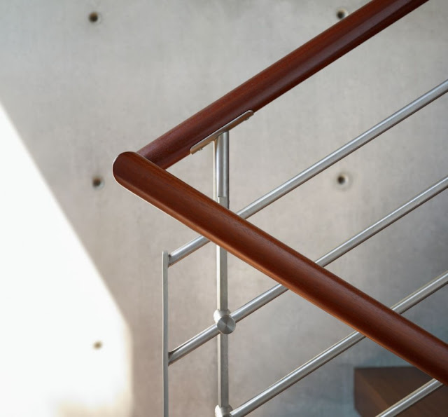 Wooden railing in the Mandeville Canyon Residence