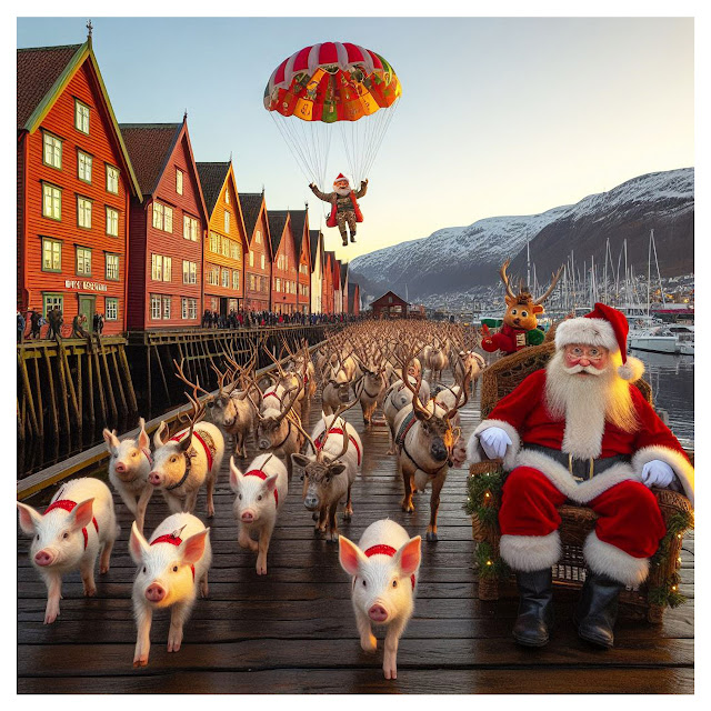 Julenissebilde fra «Bryggen i Bergen» laget ved hjelp av kunstig intelligens.